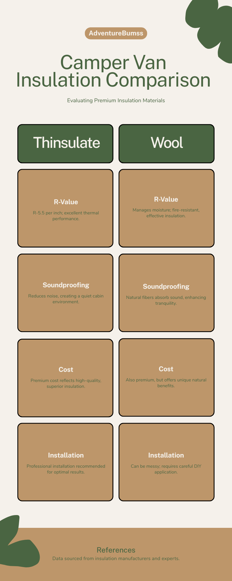 Comparison chart of camper van insulation materials: Thinsulate, sheep's wool, and spray foam