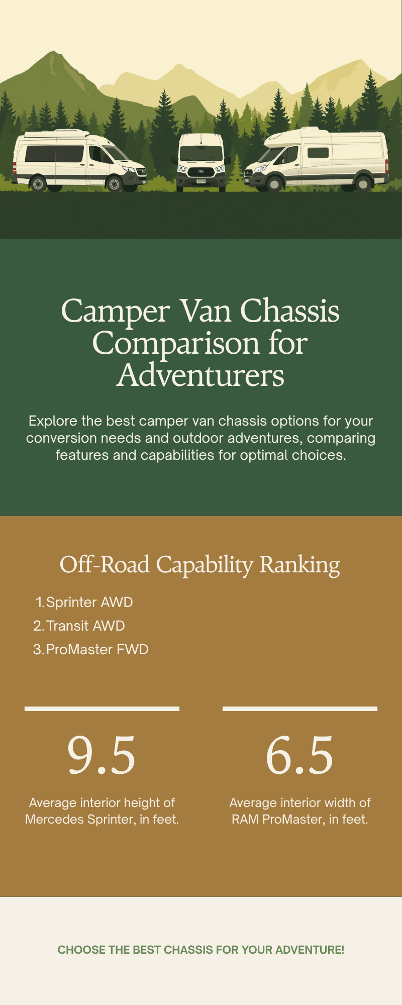Comparison infographic of Mercedes Sprinter, Ford Transit, and Ram ProMaster for camper van conversions