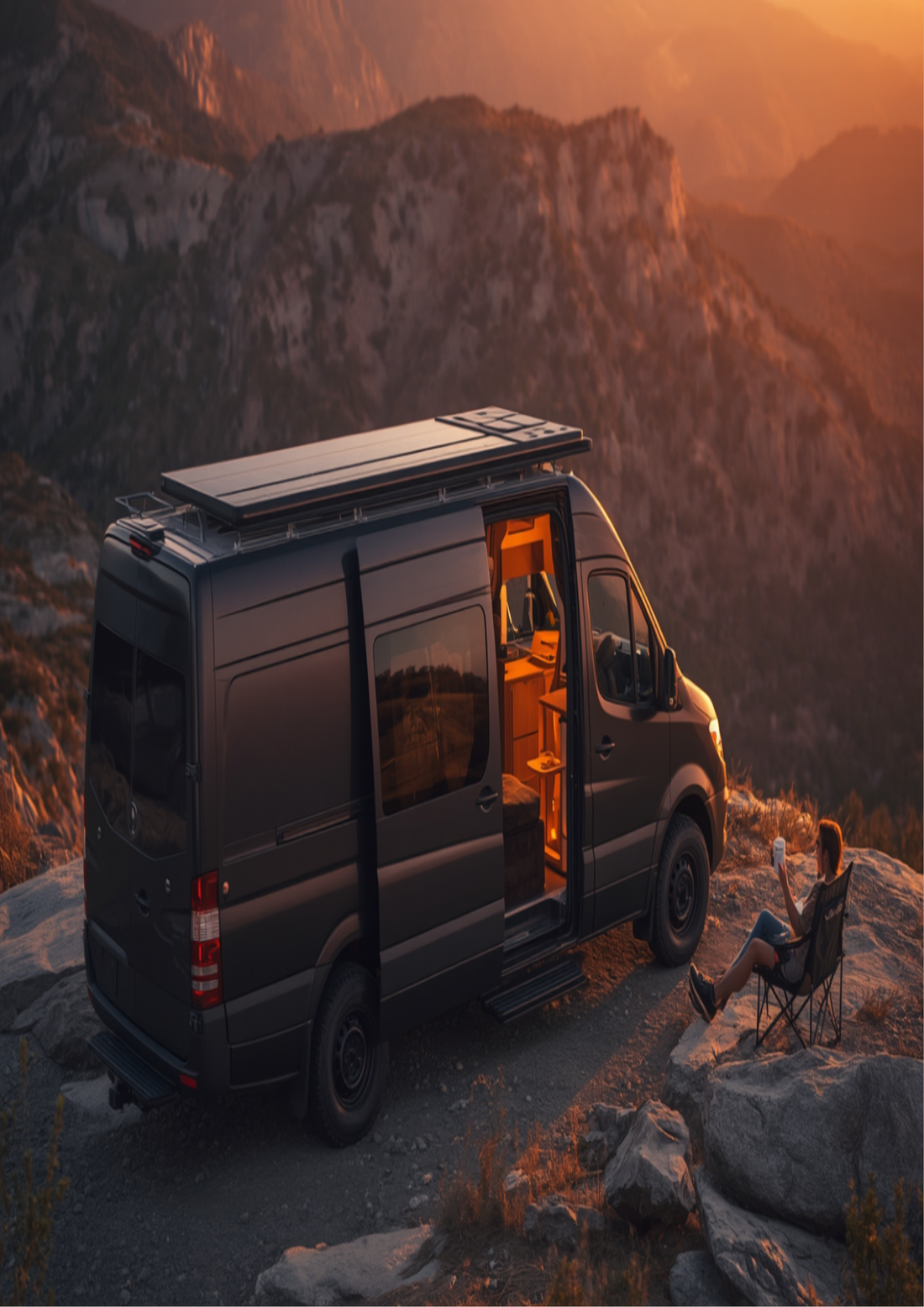 Off-grid camper van with rooftop solar panels parked at golden hour overlooking the Sierra Nevada mountains
